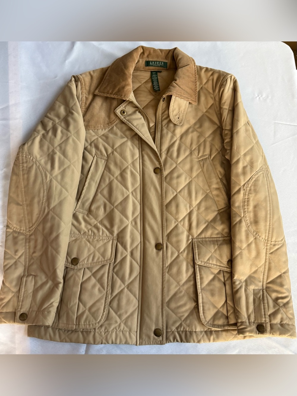 Lauren Ralph Women’s Quilted Tan Jacket with Corduroy Collar Size Petite Large